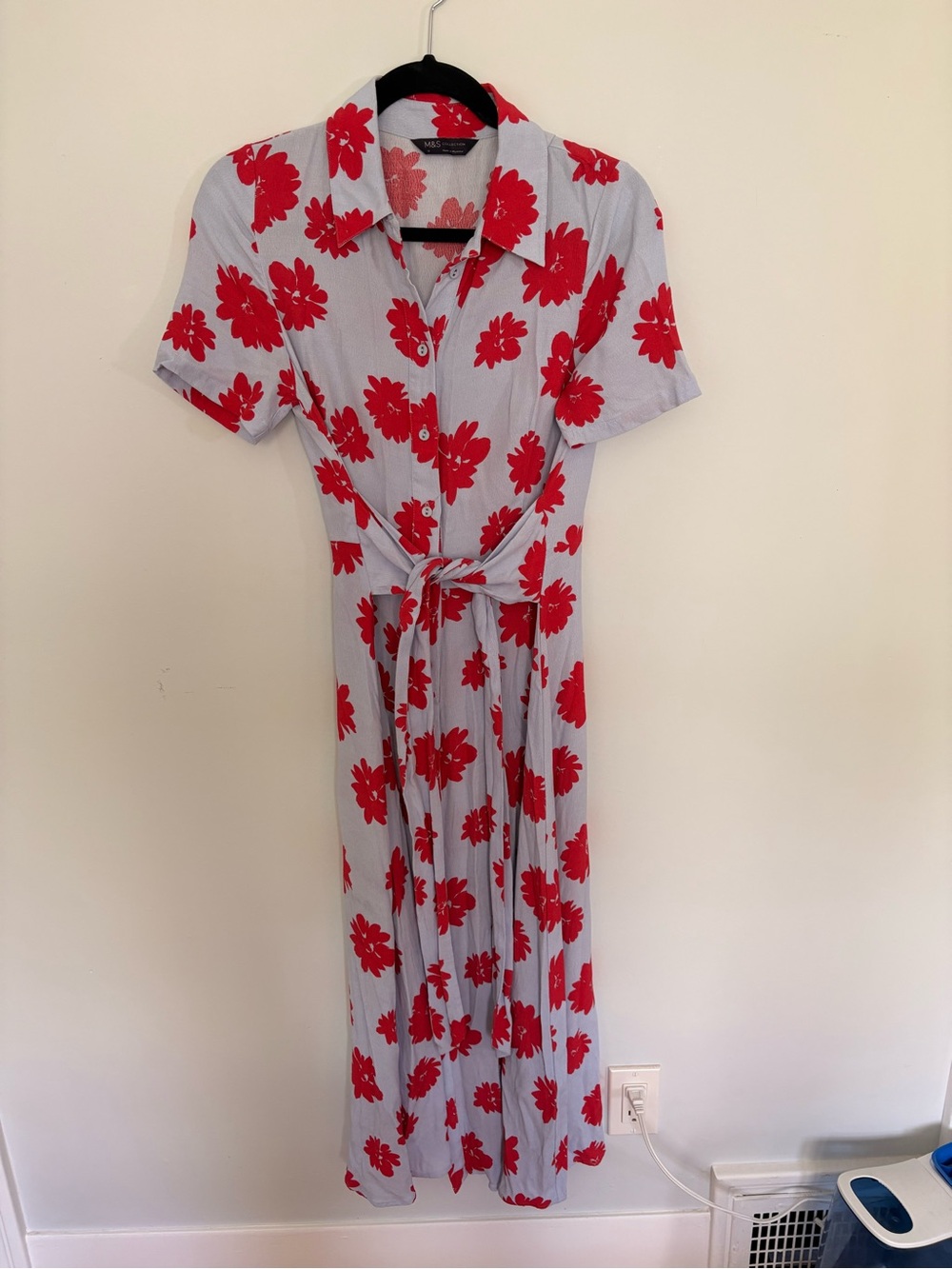 Marks & Spencer Light Blue Maxi Dress with Red Floral Print and Tie Waist